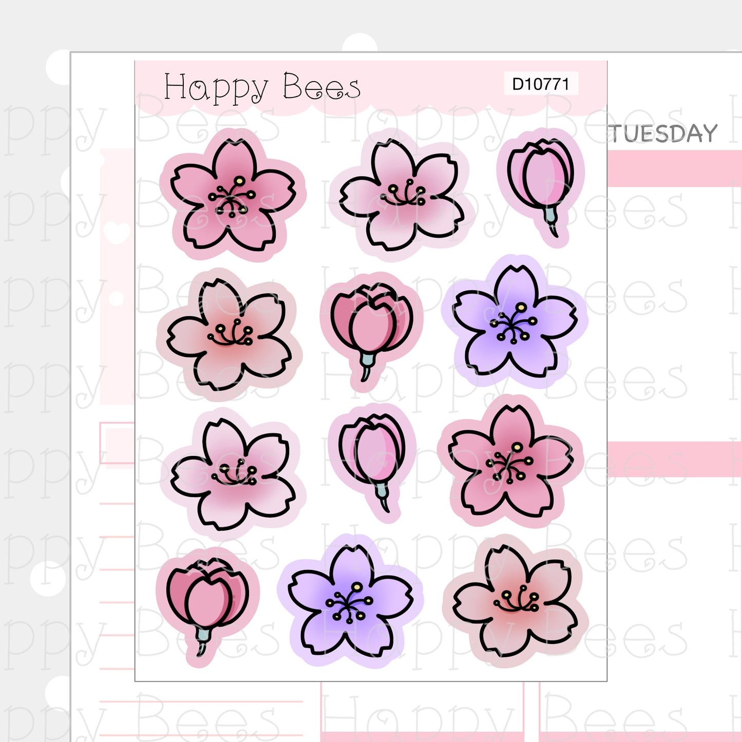 Cherry Blossom Flower Doodles - Cute Floral Journal Planner Stickers D10771