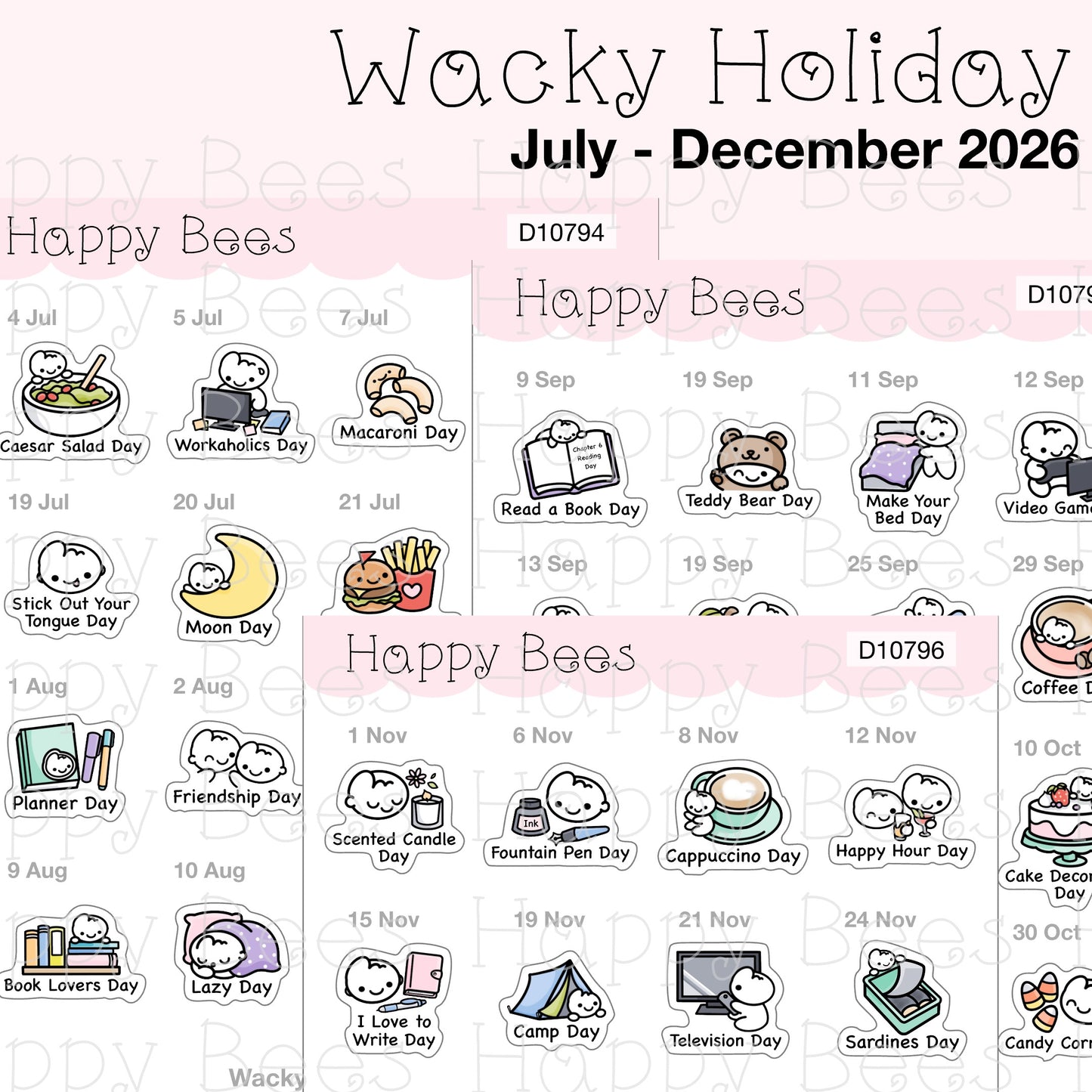 Wacky Holiday Doodles / July to December 2026 - Cute Journal Planner Stickers D10794-796
