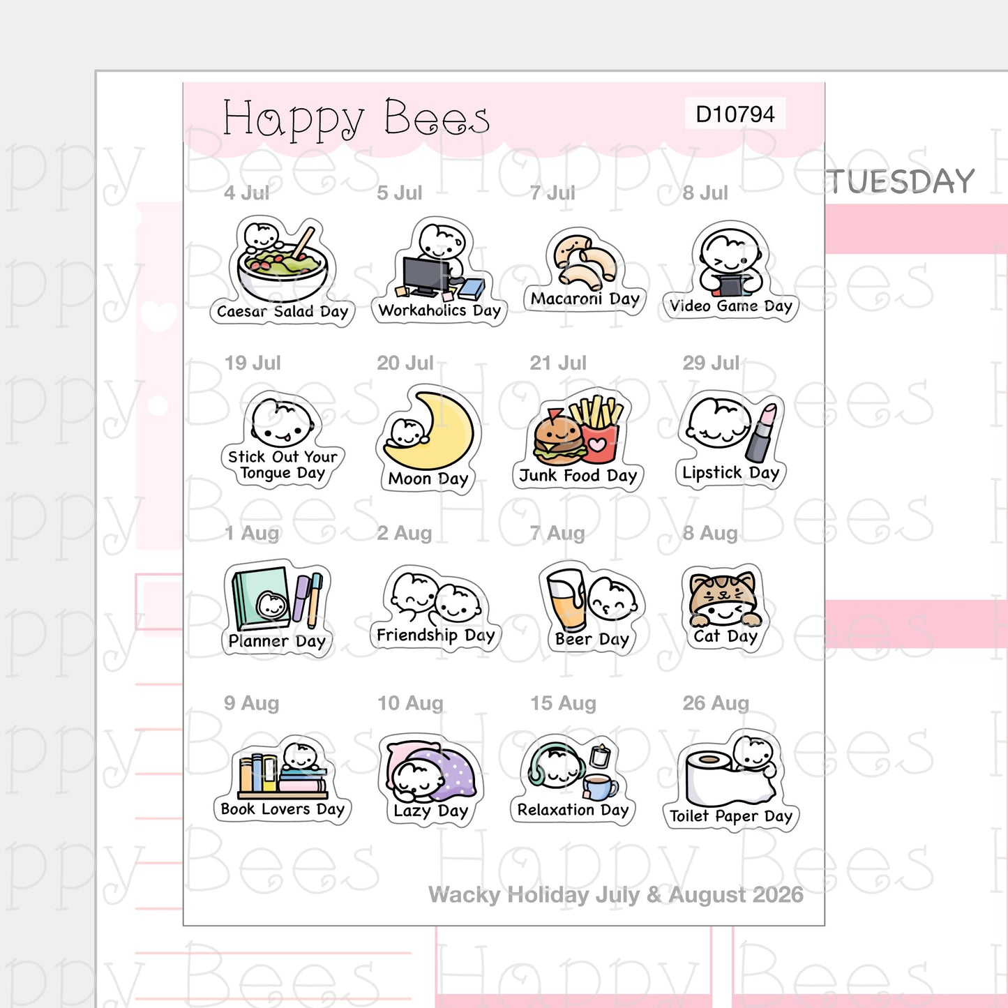 Wacky Holiday Doodles / July to December 2026 - Cute Journal Planner Stickers D10794-796