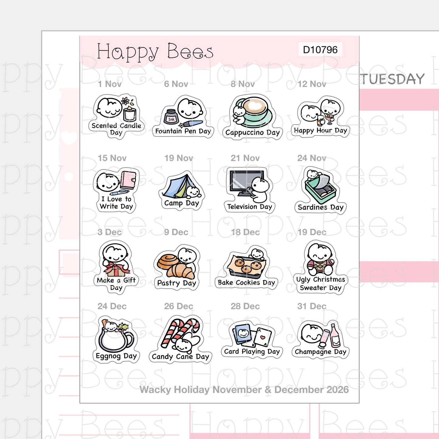 Wacky Holiday Doodles / July to December 2026 - Cute Journal Planner Stickers D10794-796