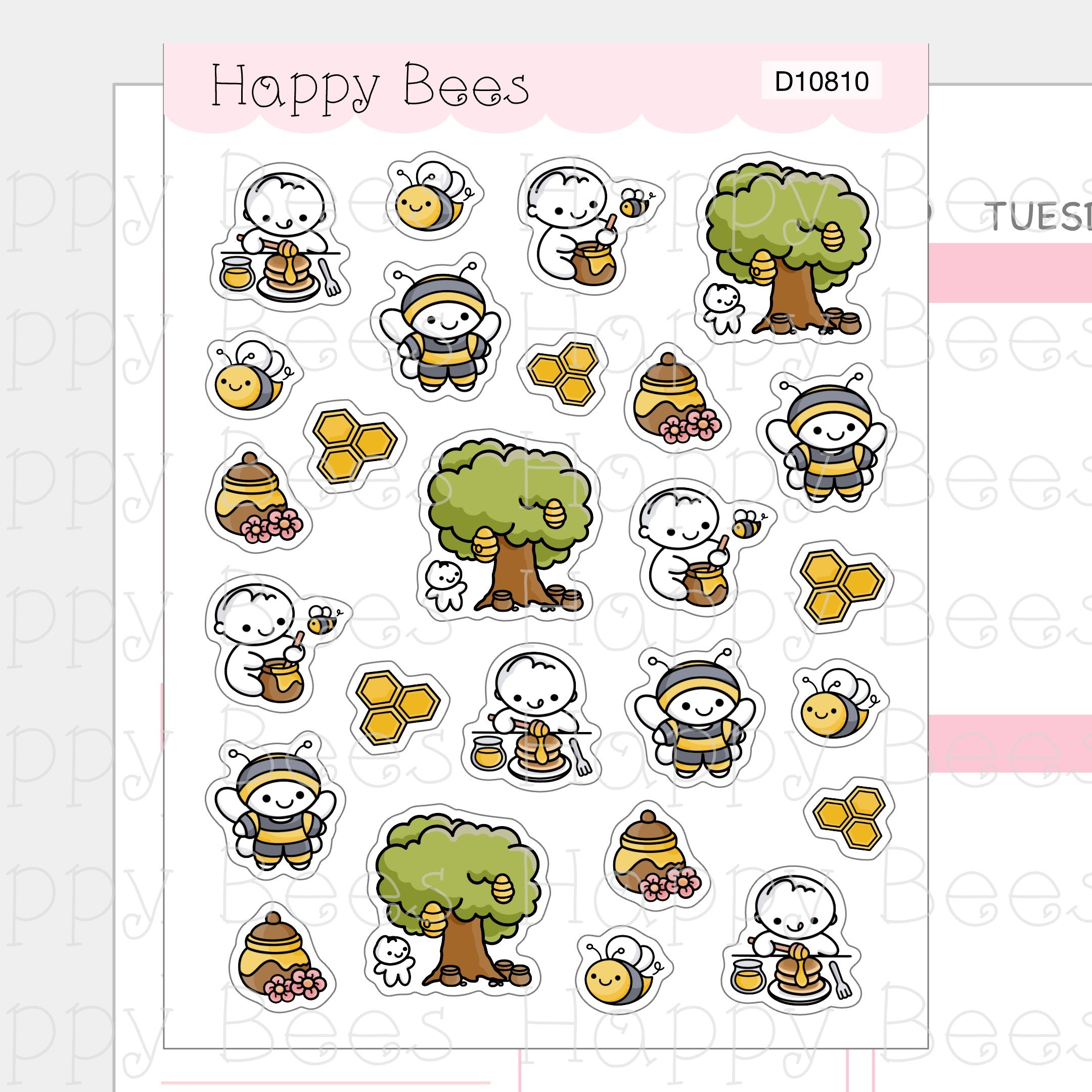 Honey Bee Deco Sheet - Cute Doodles Journal Planner Stickers D10810