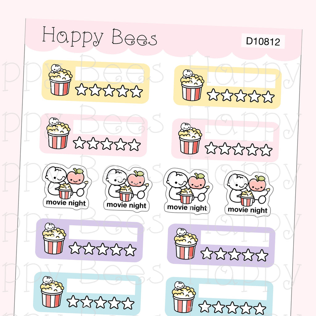 Movie Time & Rating Tracker Boxes - Cute Doodles Hobonichi Cousin Planner Stickers D10812