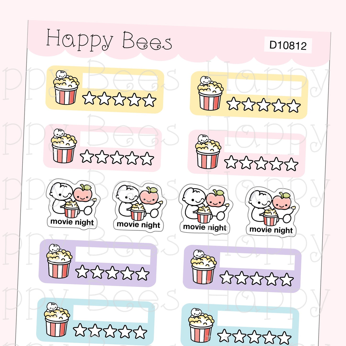 Movie Time & Rating Tracker Boxes - Cute Doodles Hobonichi Cousin Planner Stickers D10812