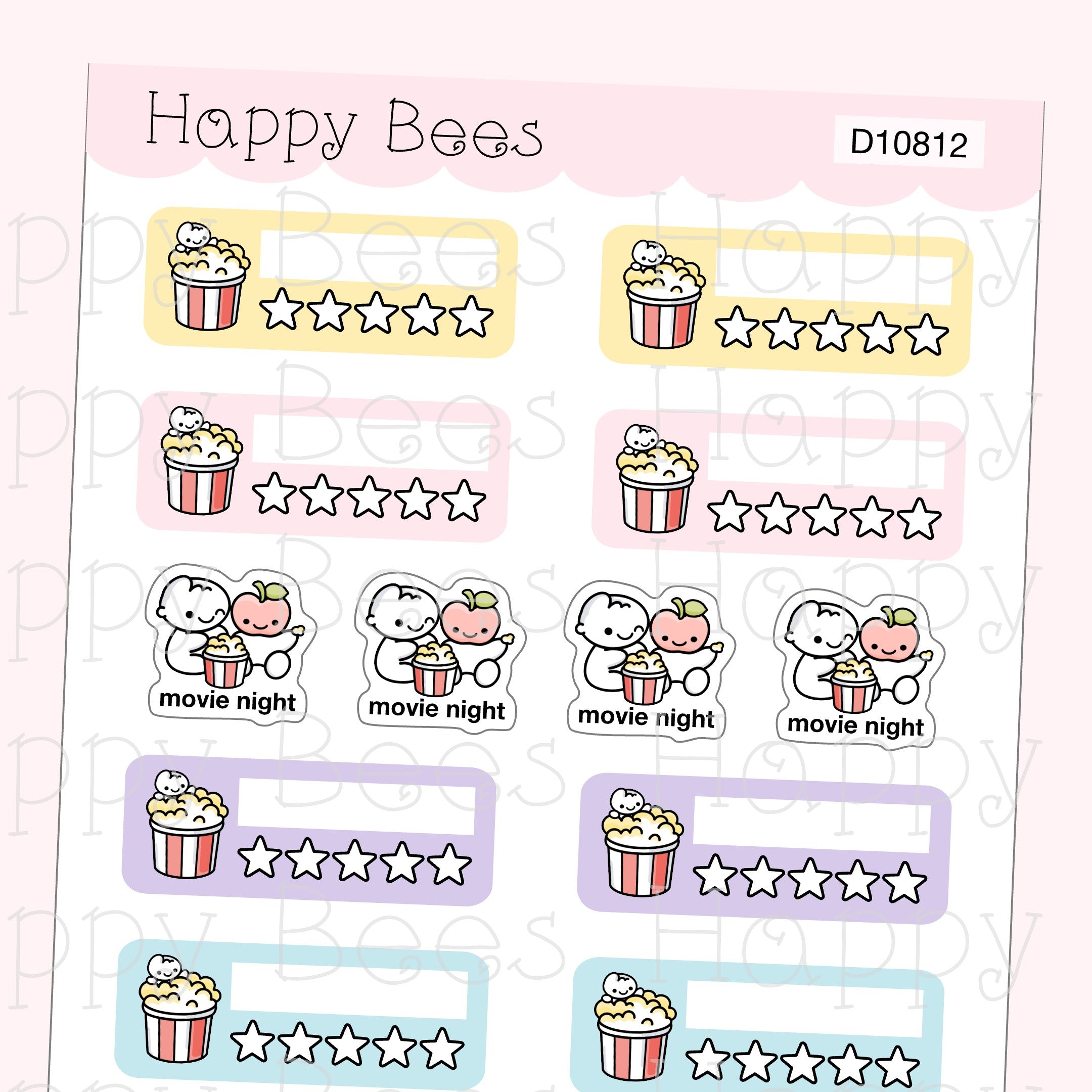 Movie Time & Rating Tracker Boxes - Cute Doodles Hobonichi Cousin Planner Stickers D10812