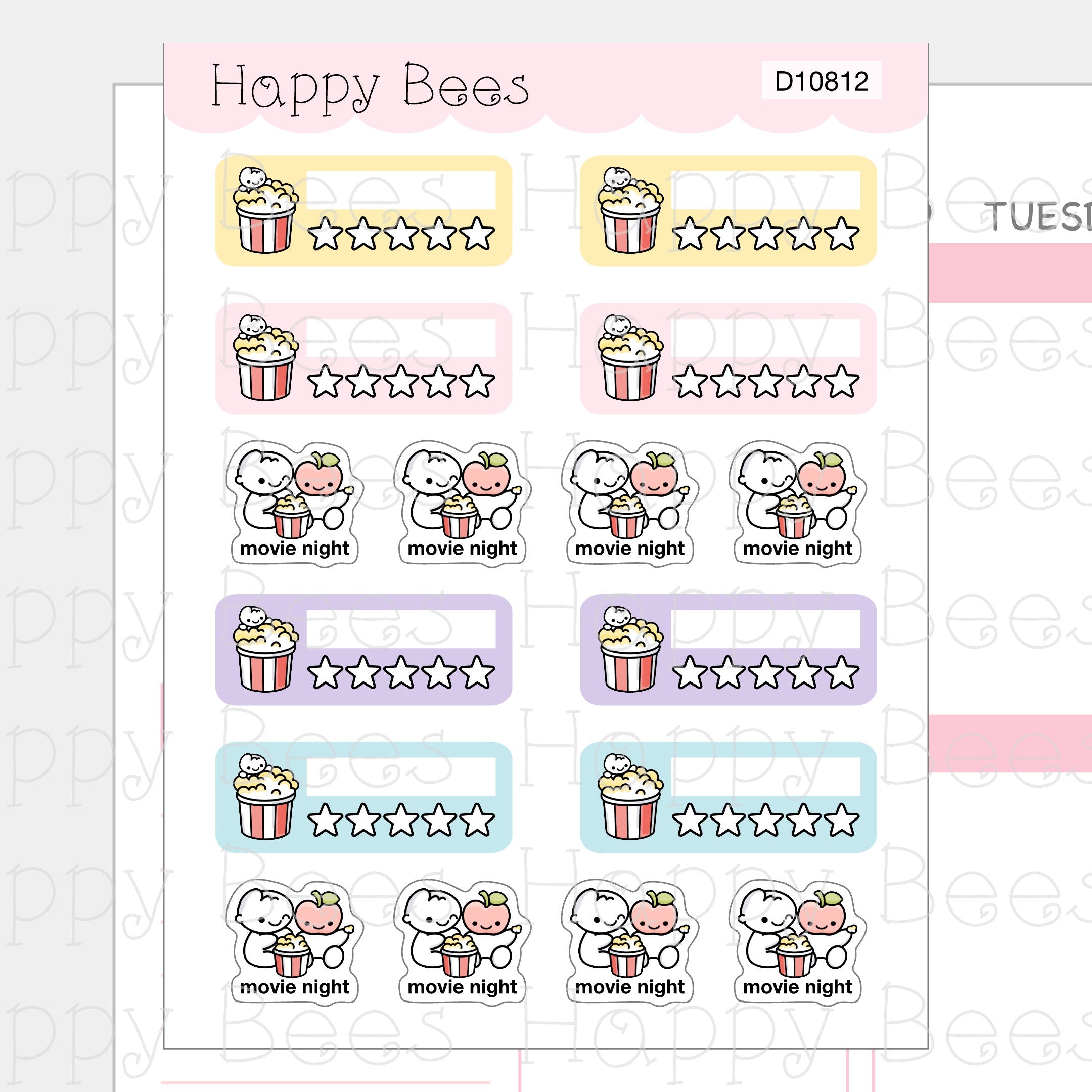 Movie Time & Rating Tracker Boxes - Cute Doodles Hobonichi Cousin Planner Stickers D10812