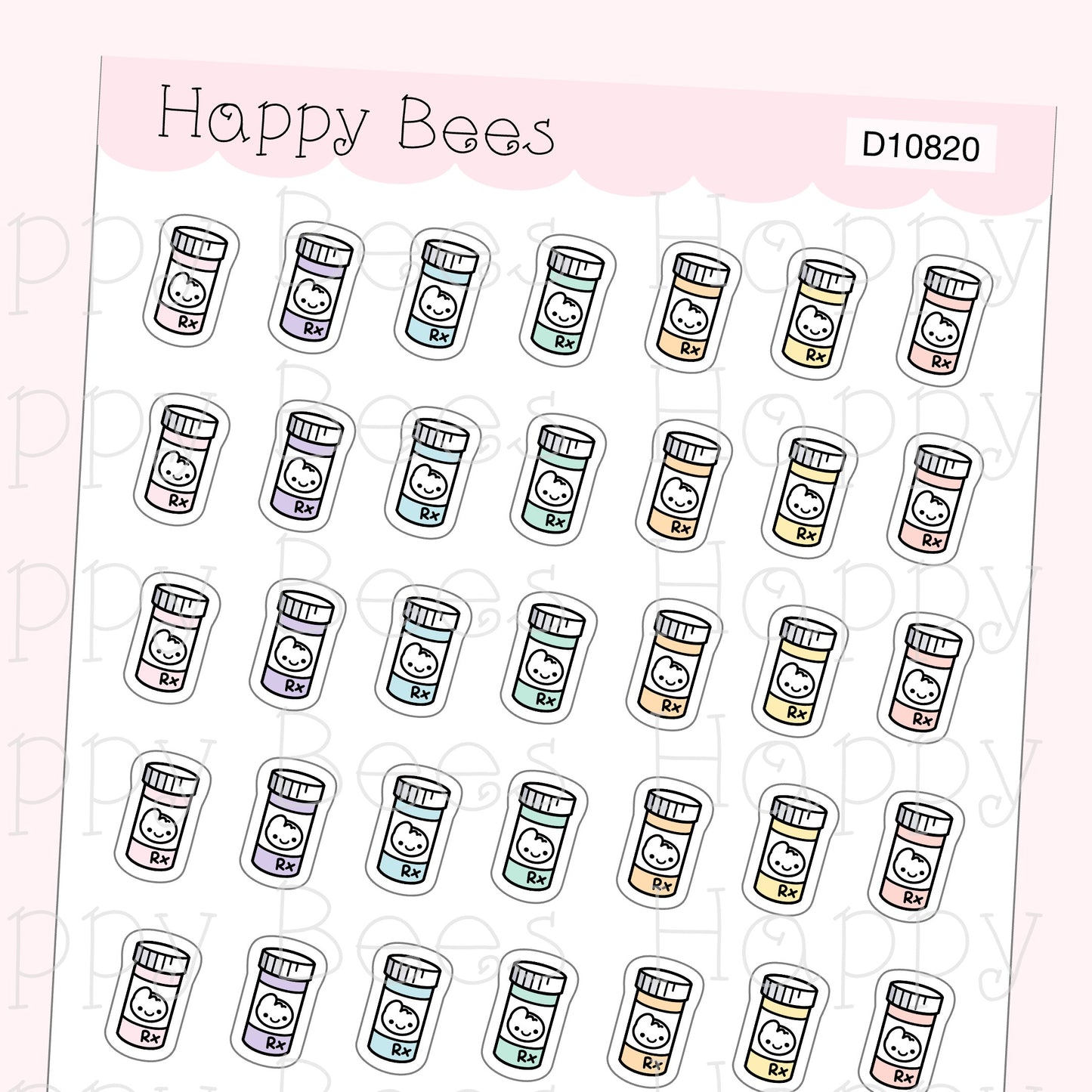 Pill Bottle Doodles - Cute Prescription Sick Self Care Planner Stickers D10820