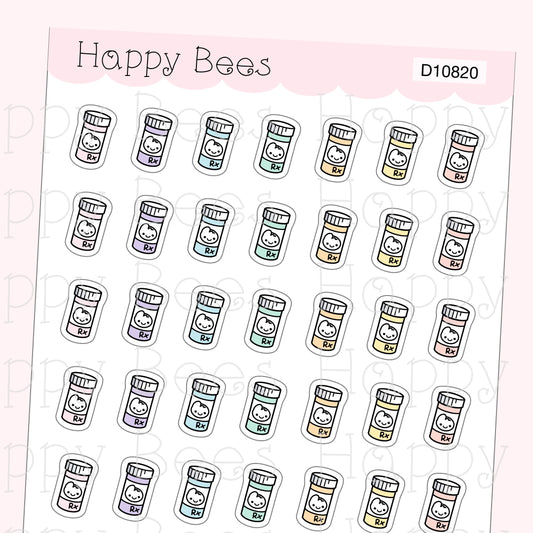Pill Bottle Doodles - Cute Prescription Sick Self Care Planner Stickers D10820