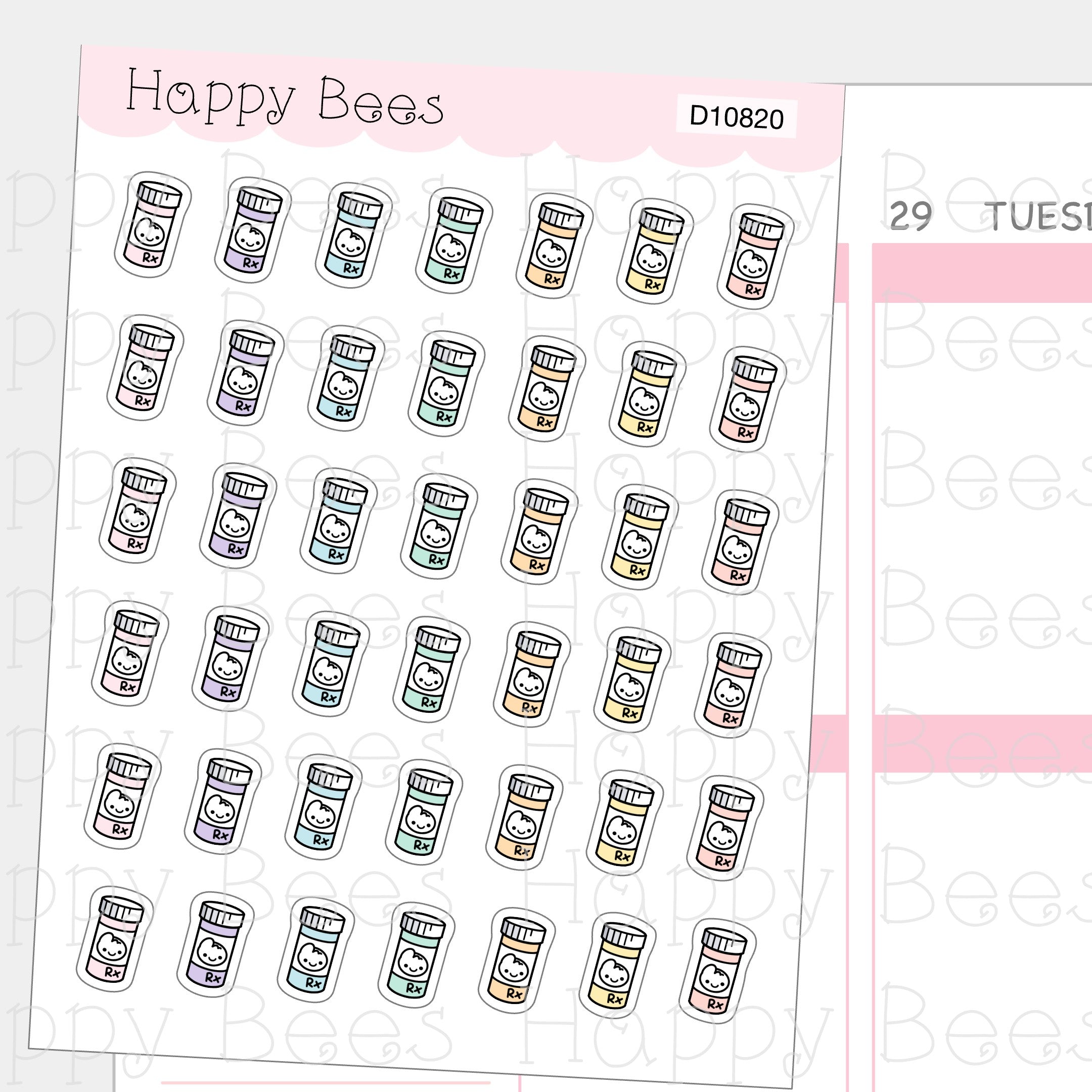 Pill Bottle Doodles - Cute Prescription Sick Self Care Planner Stickers D10820