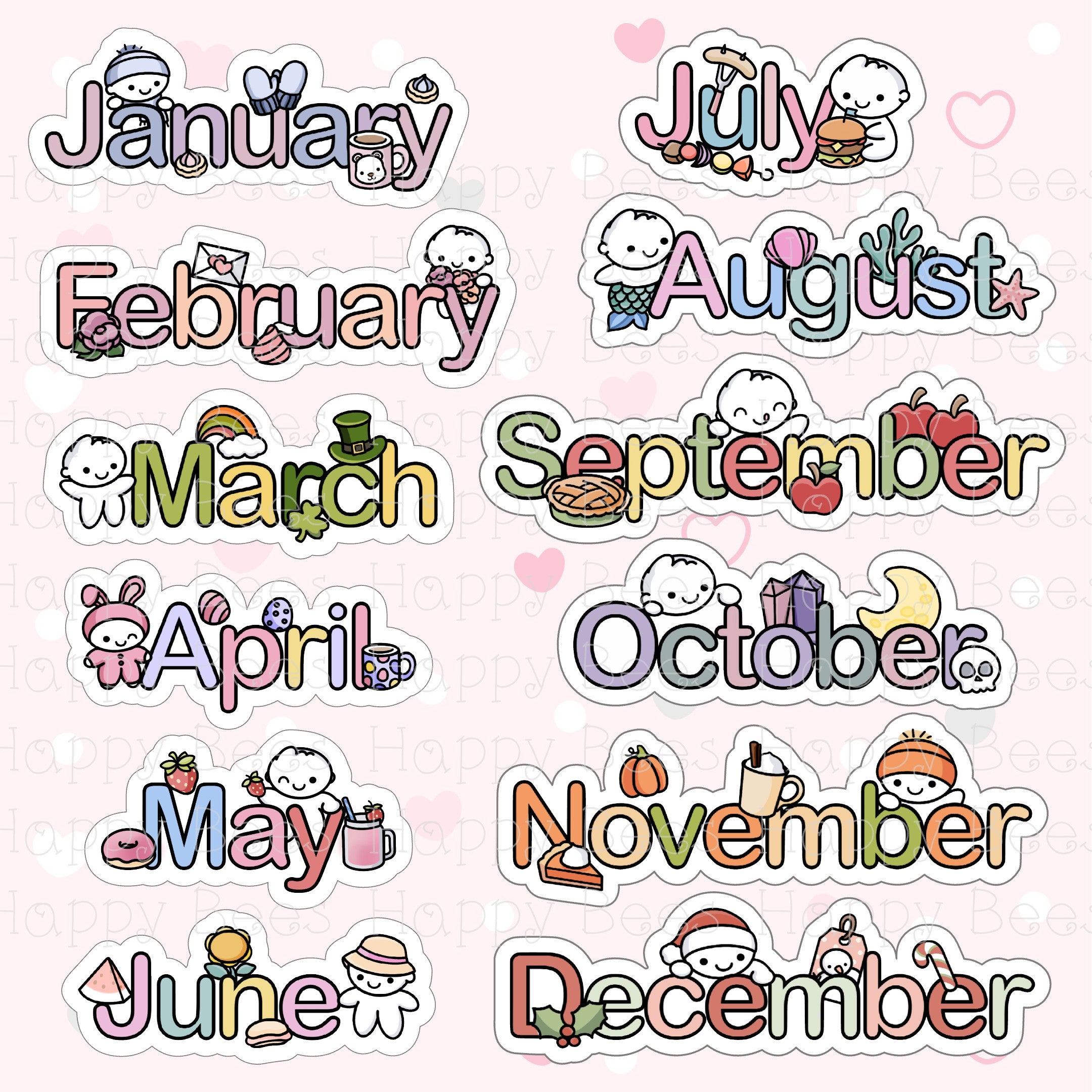 Months Die Cut Sticker Set  - Cute Doodles Bullet Journal Planner Stickers DC10020