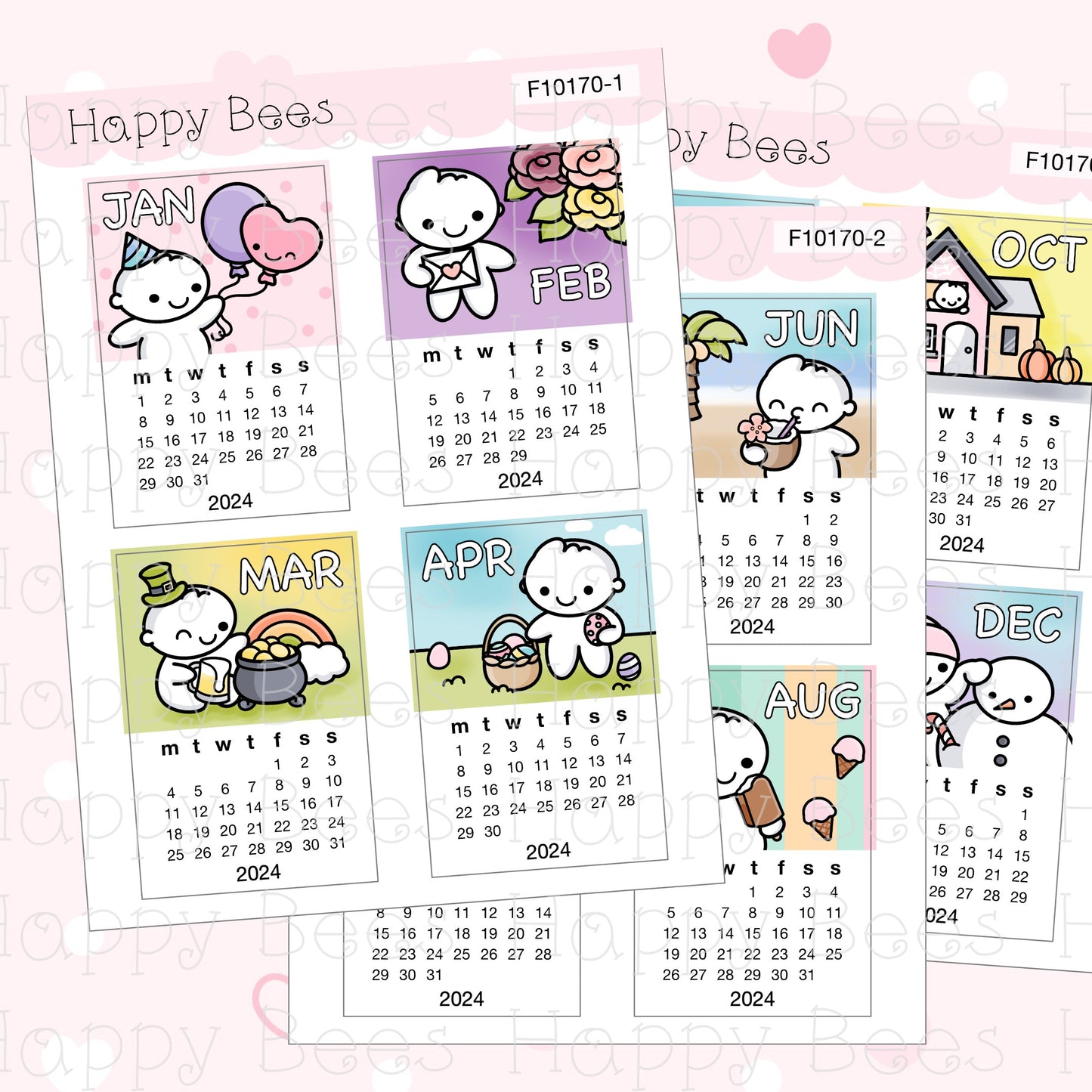 2024 Mini Calendar Doodles - Cute Functional Hobonichi Cousin Planner Stickers F10170