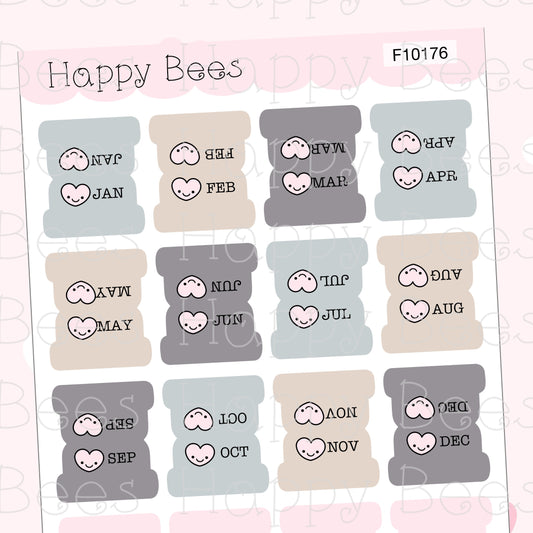 Mini Heart Monthly Tabs - Cute Functional Doodles Planner Stickers F10176