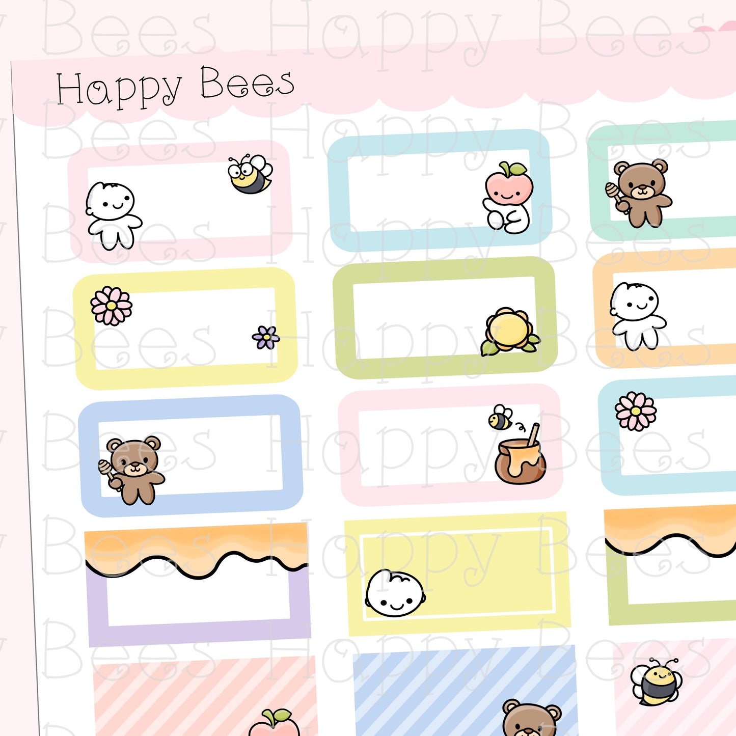 Happy Bees and Friends Half Boxes - Cute Doodles Hobonichi Cousin Planner Stickers F10180