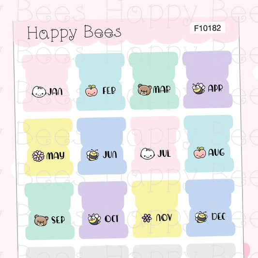 Happy Bees and Friends Mini Monthly Tabs - Cute Functional Doodles Planner Stickers F10182
