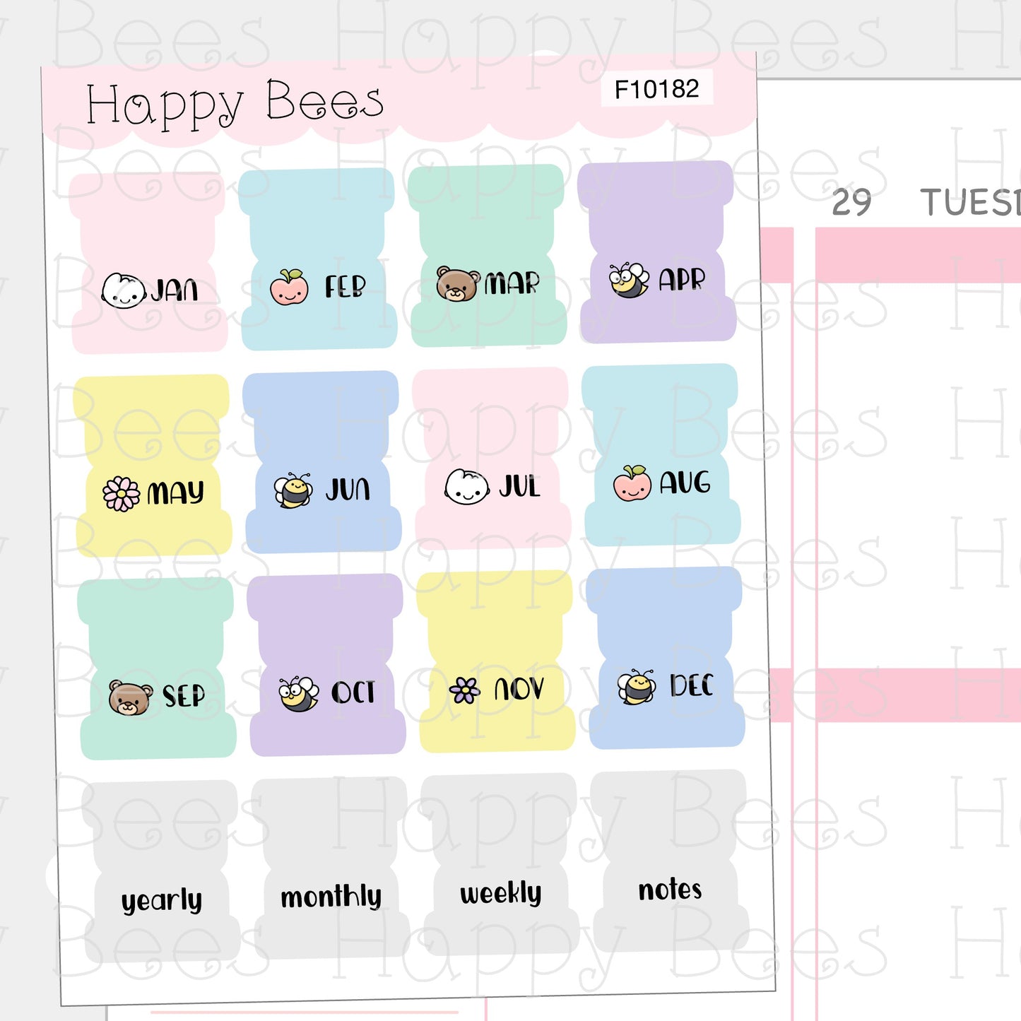 Happy Bees and Friends Mini Monthly Tabs - Cute Functional Doodles Planner Stickers F10182