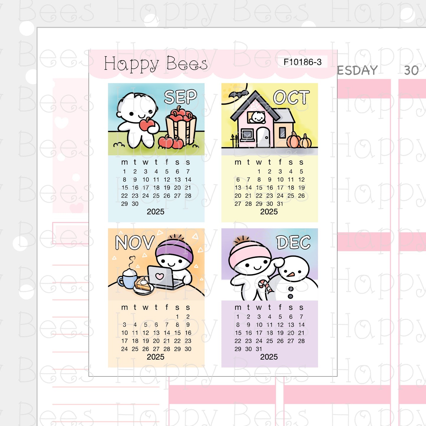 2025 Mini Calendar Doodles - Cute Functional Hobonichi Cousin Planner Stickers F10186