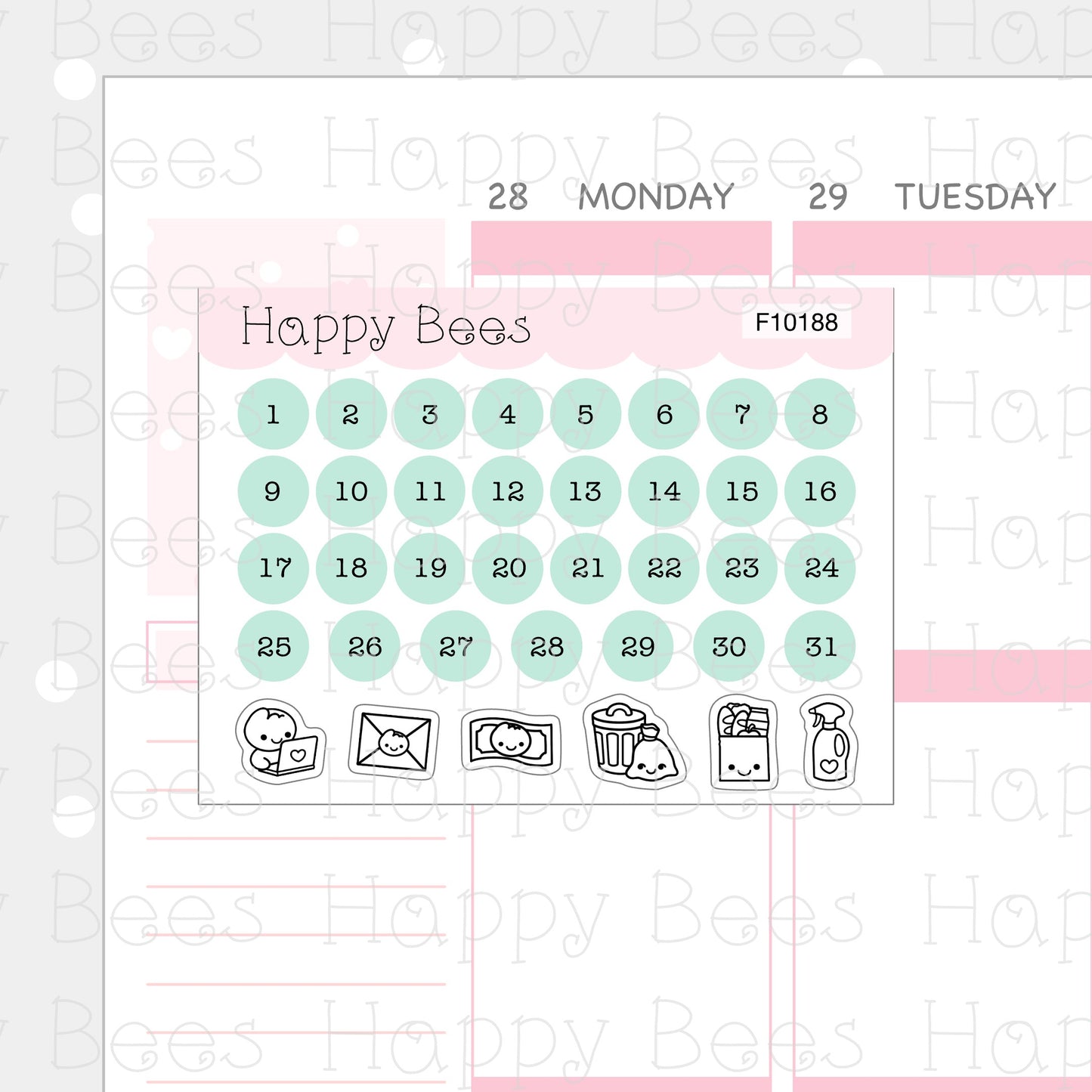 Monthly Date Dots - Functional Cute Hobonichi Cousin Planner Stickers F10188