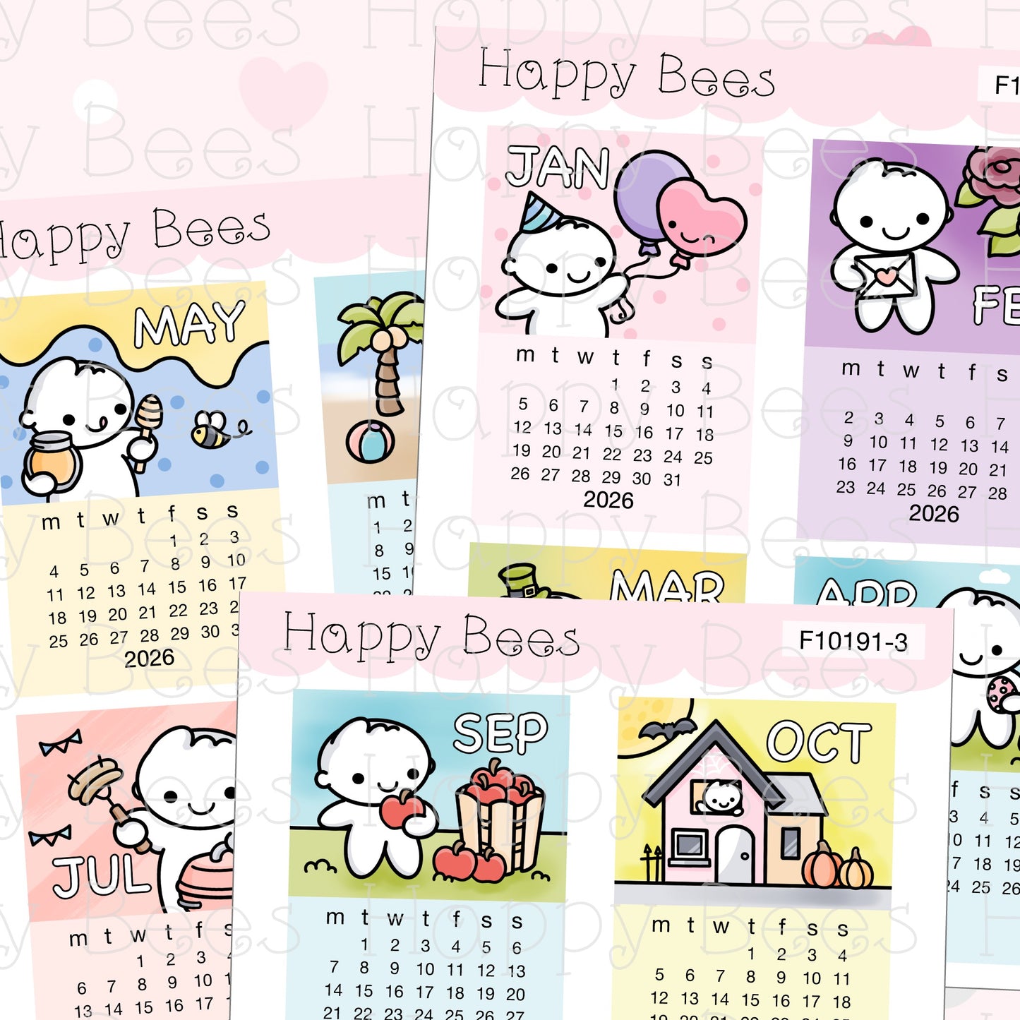 2026 Mini Calendar Doodles - Cute Functional Hobonichi Cousin Planner Stickers F10191