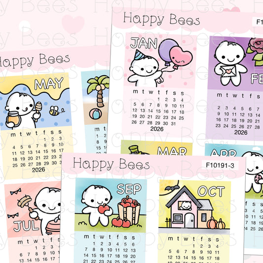 2026 Mini Calendar Doodles - Cute Functional Hobonichi Cousin Planner Stickers F10191