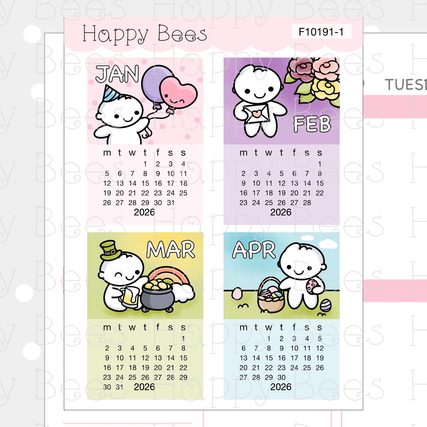 2026 Mini Calendar Doodles - Cute Functional Hobonichi Cousin Planner Stickers F10191