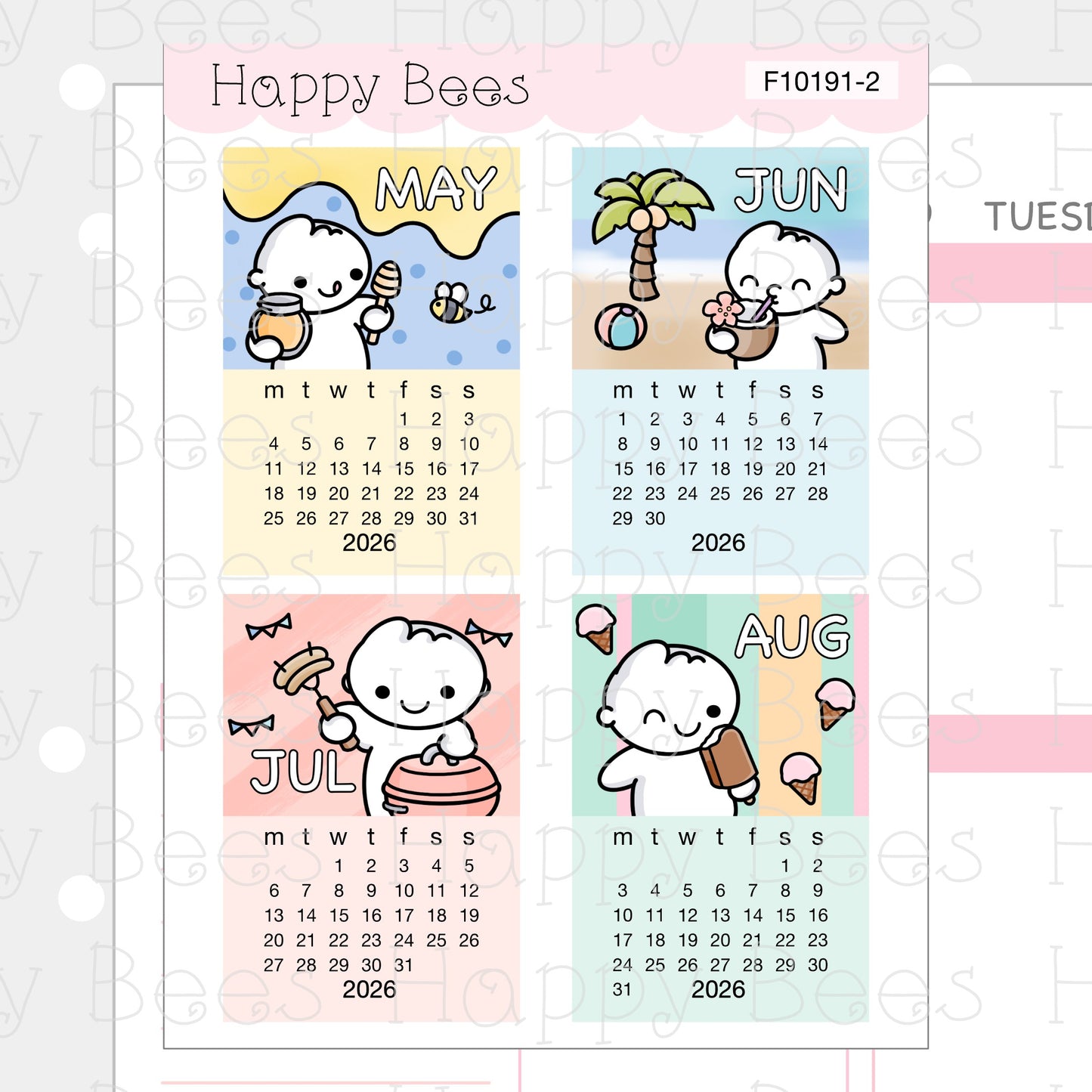 2026 Mini Calendar Doodles - Cute Functional Hobonichi Cousin Planner Stickers F10191