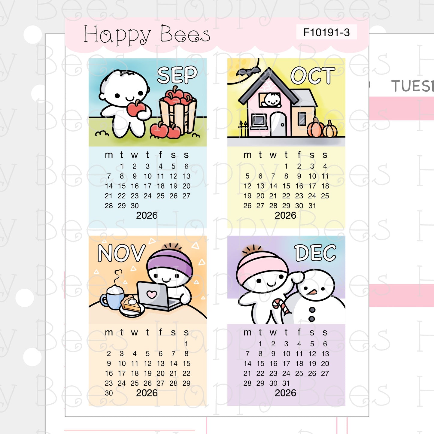 2026 Mini Calendar Doodles - Cute Functional Hobonichi Cousin Planner Stickers F10191