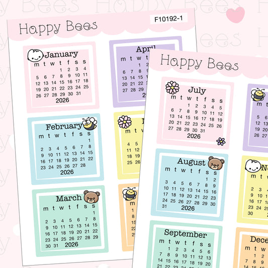 Happy Bees and Friends 2026 Mini Calendars - Functional Cute Planner Stickers F10192