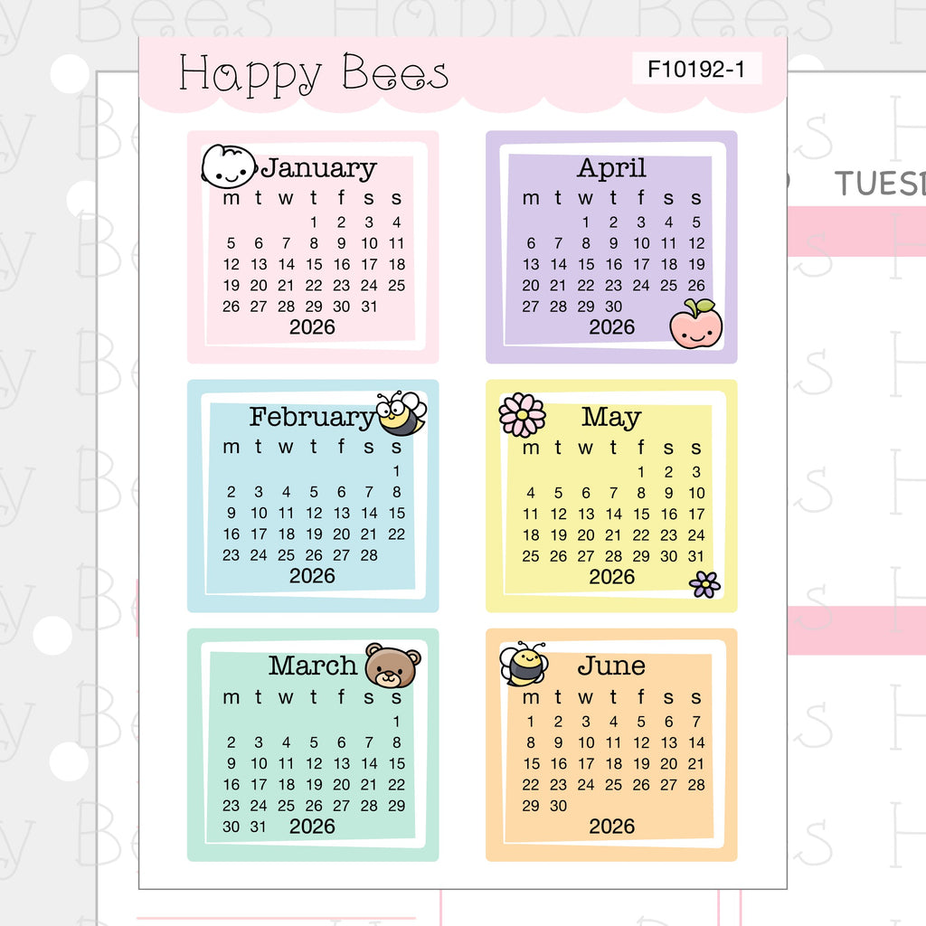 Happy Bees and Friends 2026 Mini Calendars - Functional Cute Planner Stickers F10192