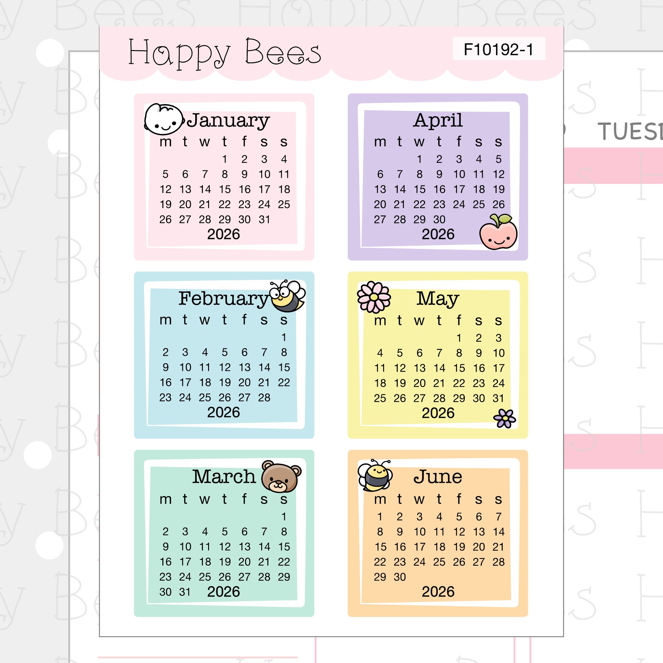Happy Bees and Friends 2026 Mini Calendars - Functional Cute Planner Stickers F10192