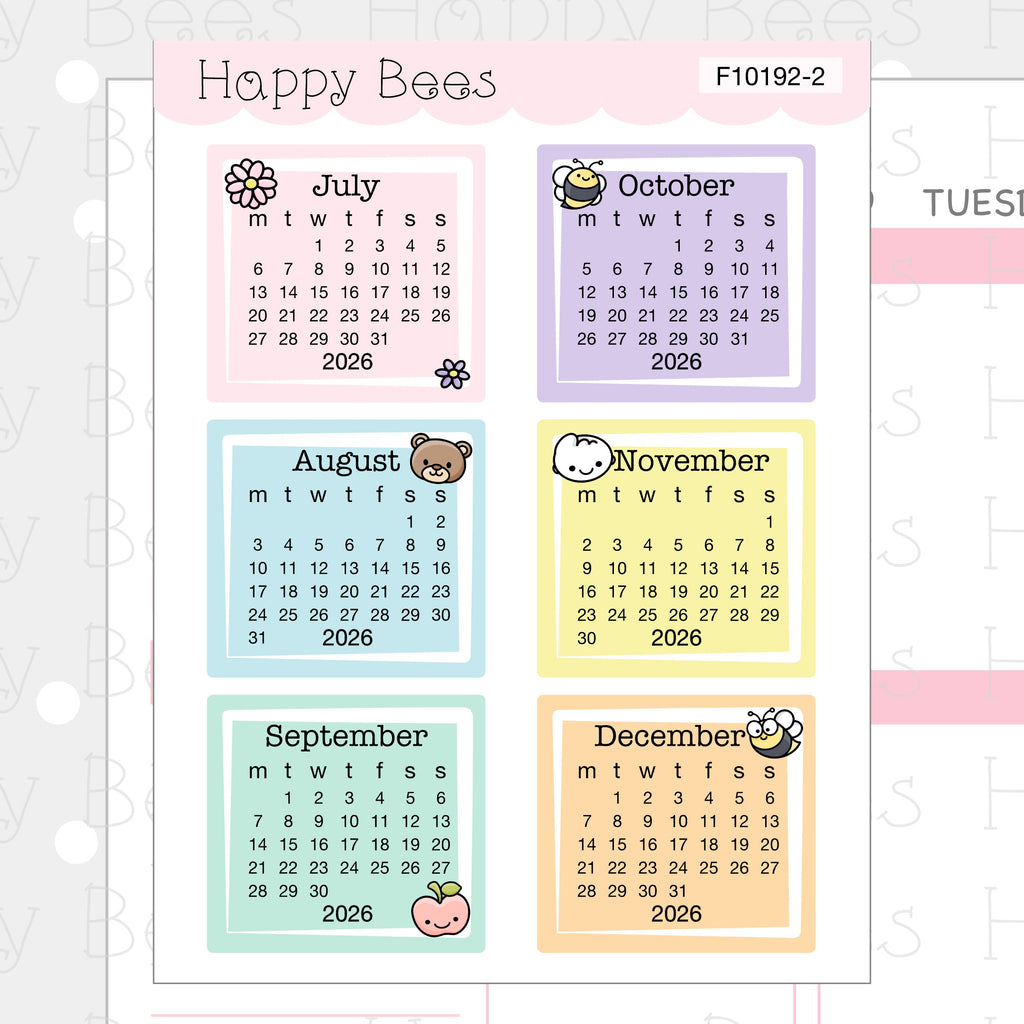 Happy Bees and Friends 2026 Mini Calendars - Functional Cute Planner Stickers F10192