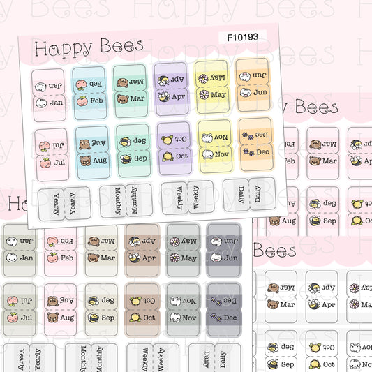 Mini Monthly Tabs - Functional Cute Doodles Planner Stickers F10193