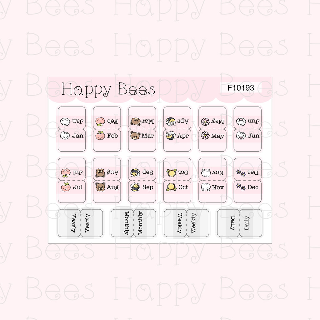 Mini Monthly Tabs - Functional Cute Doodles Planner Stickers F10193