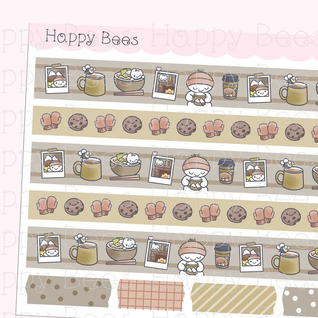 Cozy Winter Washi Strips - Cute Doodles Planner Stickers W10019