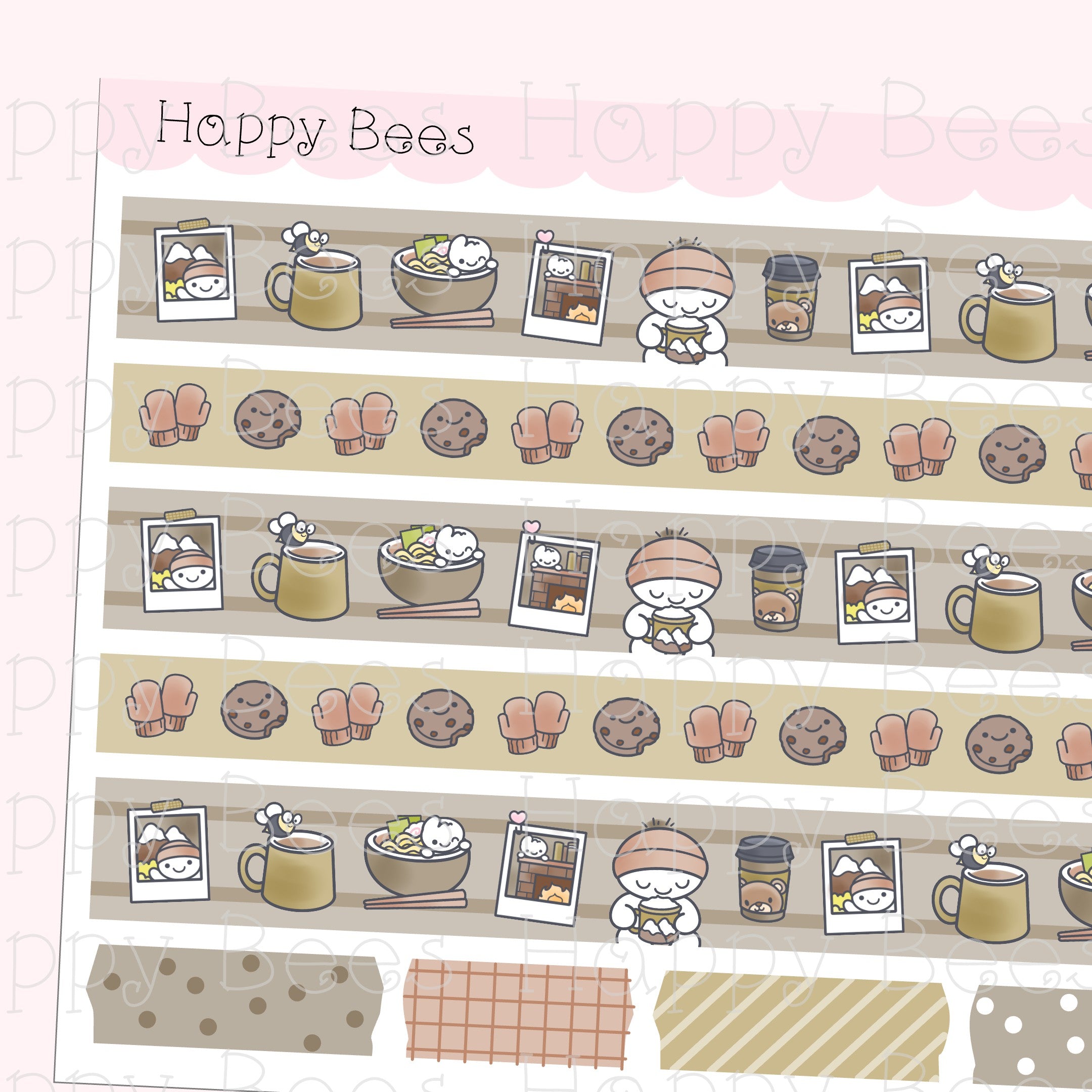 Cozy Winter Washi Strips - Cute Doodles Planner Stickers W10019