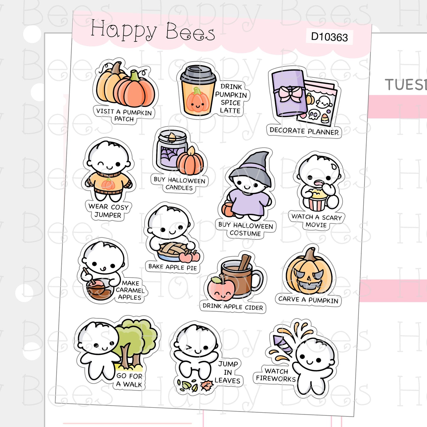 Autumn Bucket List Doodles - Cute Fall Halloween Planner Stickers D10363
