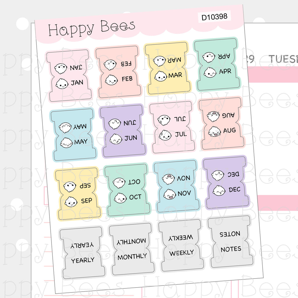 Mini Monthly Tabs Vol. 2 - Cute Functional Doodles Planner Stickers D10398