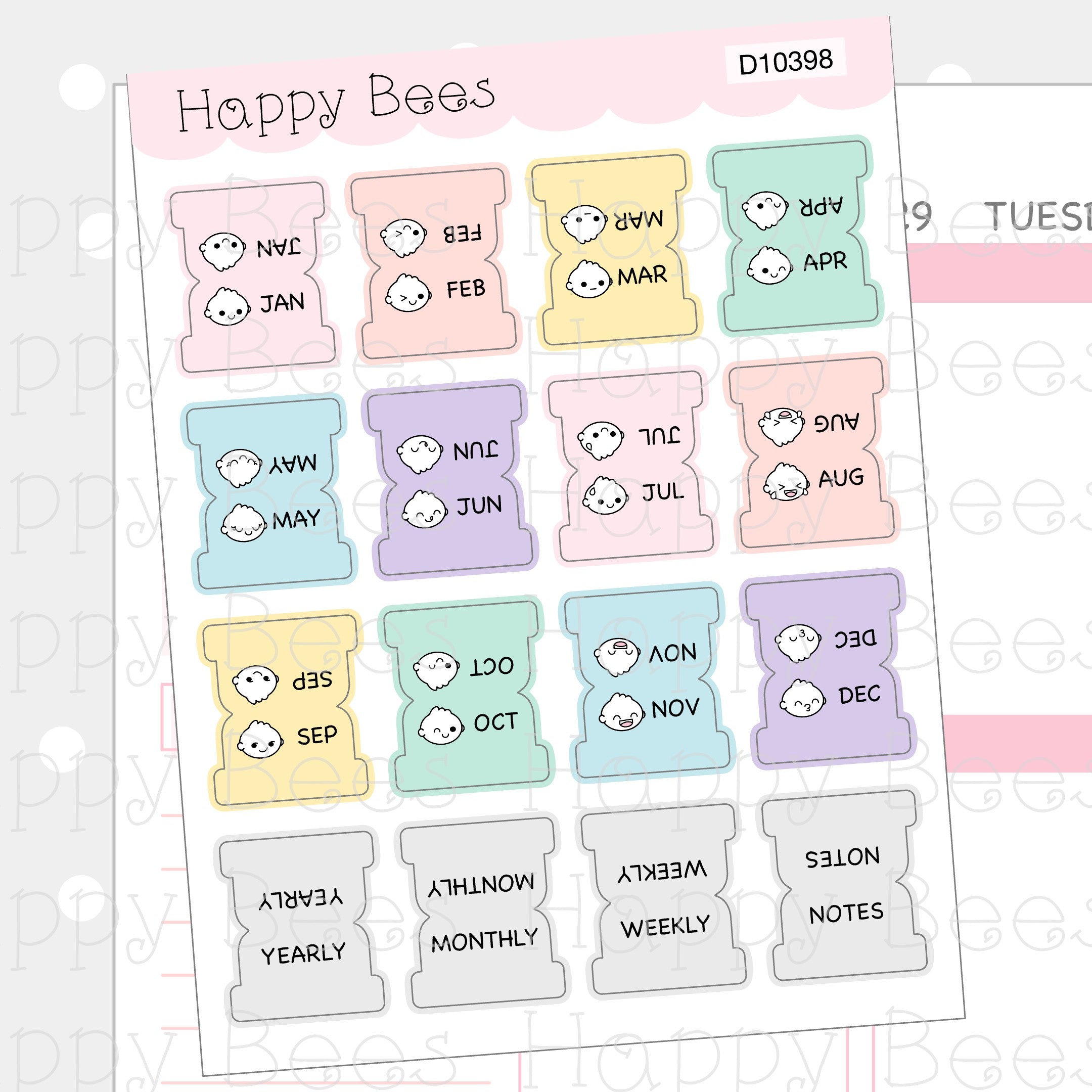 Mini Monthly Tabs Vol. 2 - Cute Functional Doodles Planner Stickers D10398