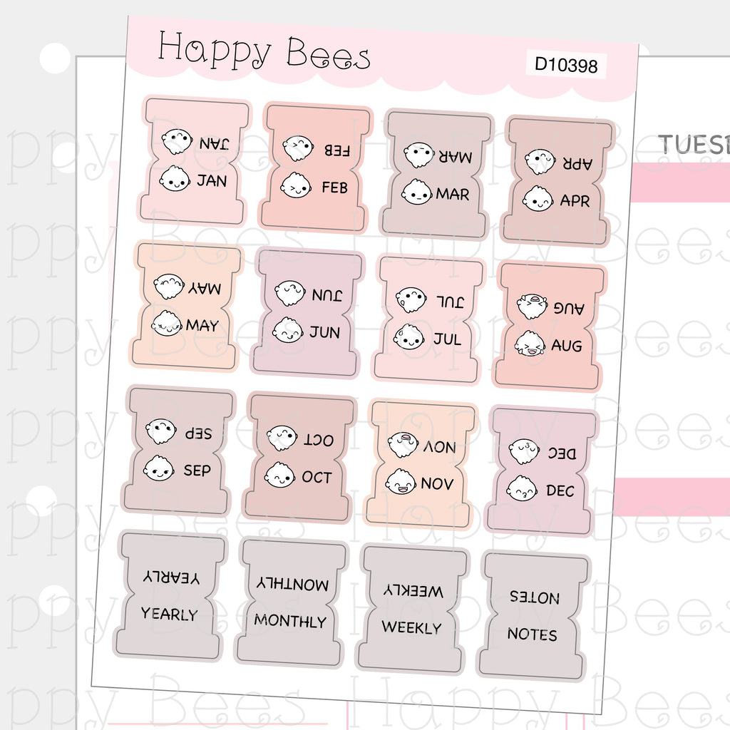 Mini Monthly Tabs Vol. 2 - Cute Functional Doodles Planner Stickers D10398