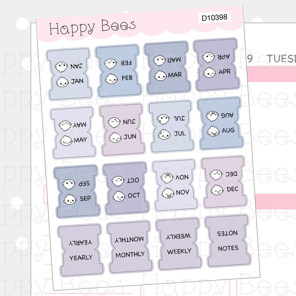 Mini Monthly Tabs Vol. 2 - Cute Functional Doodles Planner Stickers D10398