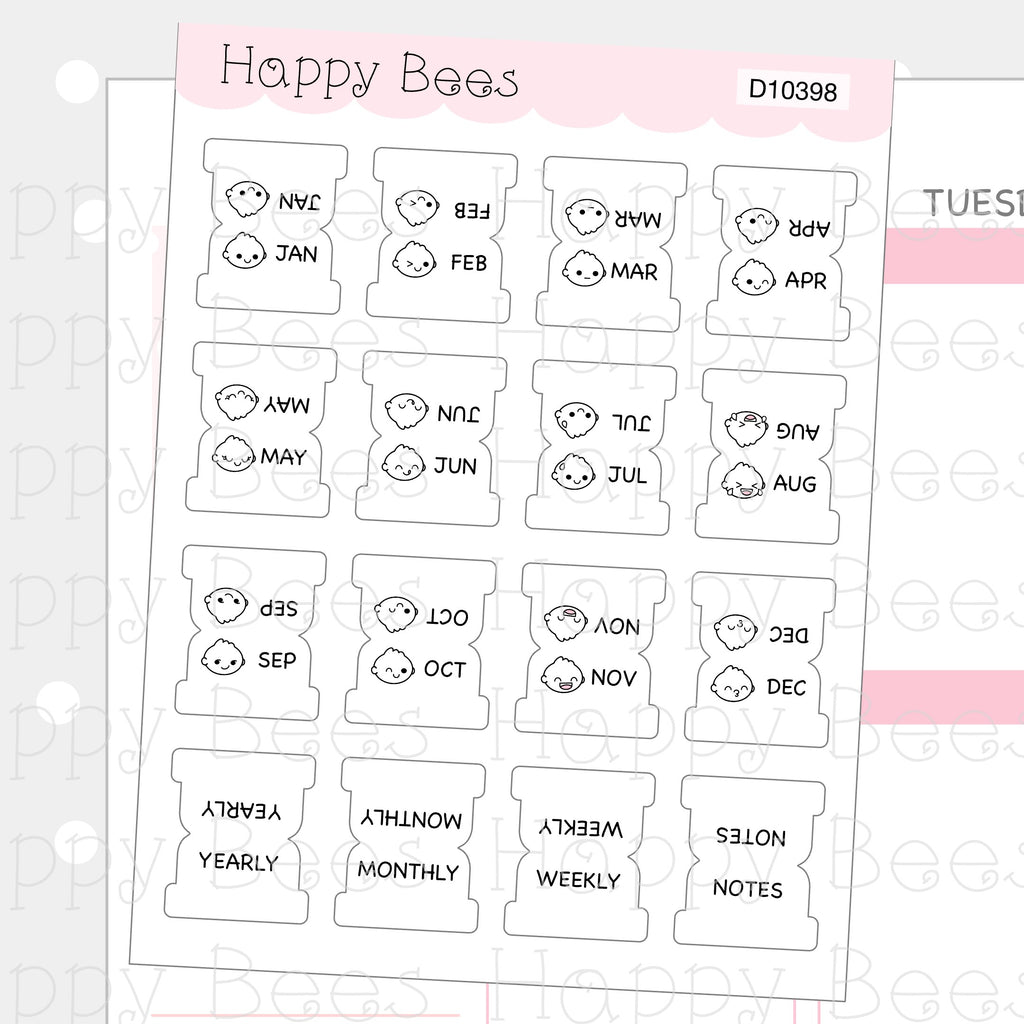 Mini Monthly Tabs Vol. 2 - Cute Functional Doodles Planner Stickers D10398