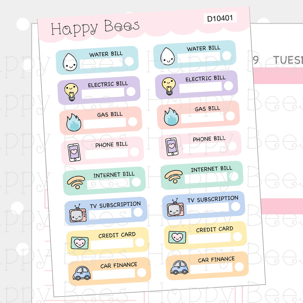 Bills Tracker Boxes - Cute Hobonichi Cousin Finance Doodles Planner Stickers D10401