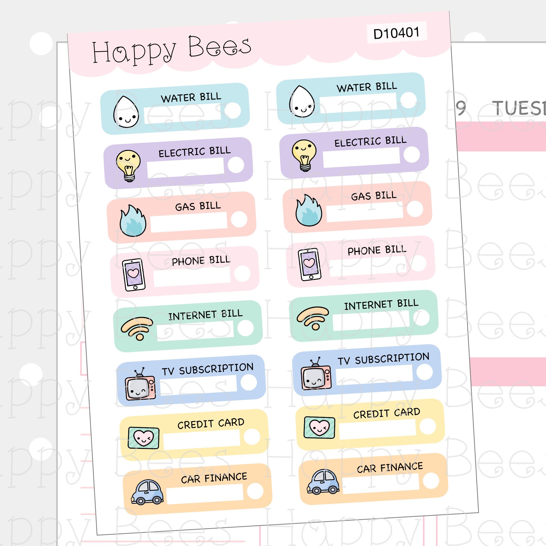 Bills Tracker Boxes - Cute Hobonichi Cousin Finance Doodles Planner Stickers D10401