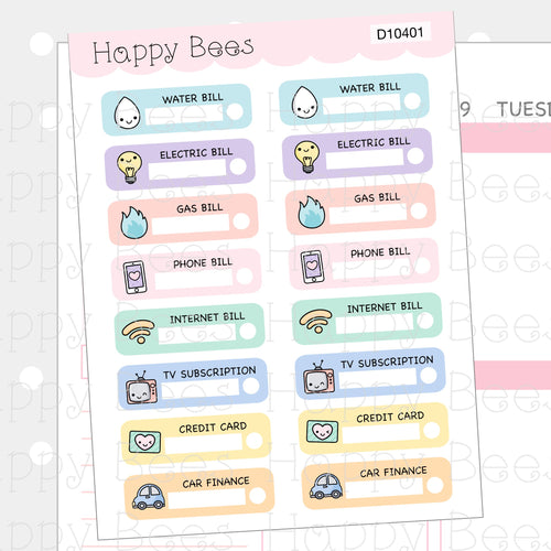 Bills Tracker Boxes - Cute Hobonichi Cousin Finance Doodles Planner Stickers D10401