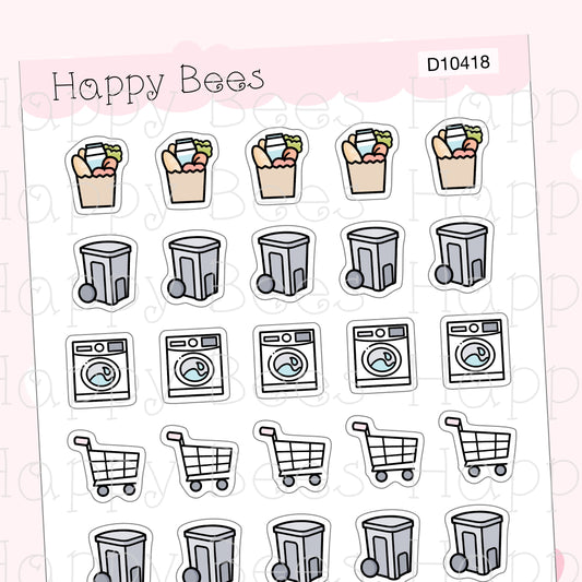 Chores Mini Doodles- Cute Grocery Shopping Laundry Trash Housework Planner Stickers D10418