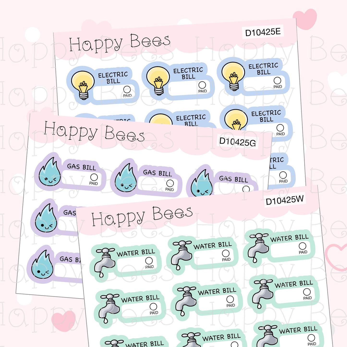 Utility Bills Doodles - Cute Electric Gas Water Write In Reminders Planner Stickers D10425