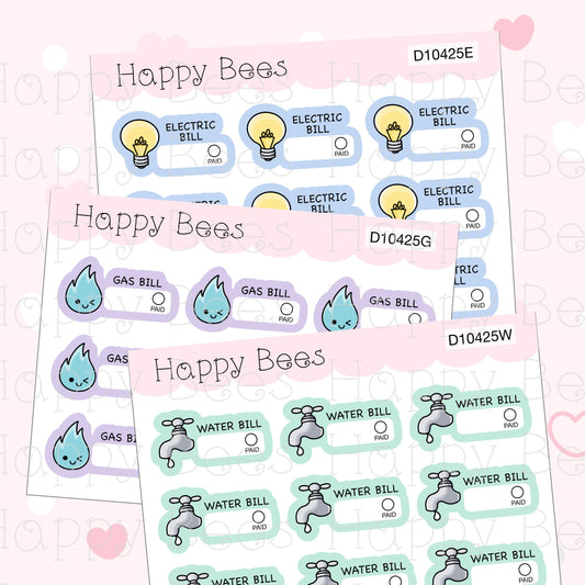 Utility Bills Doodles - Cute Electric Gas Water Write In Reminders Planner Stickers D10425