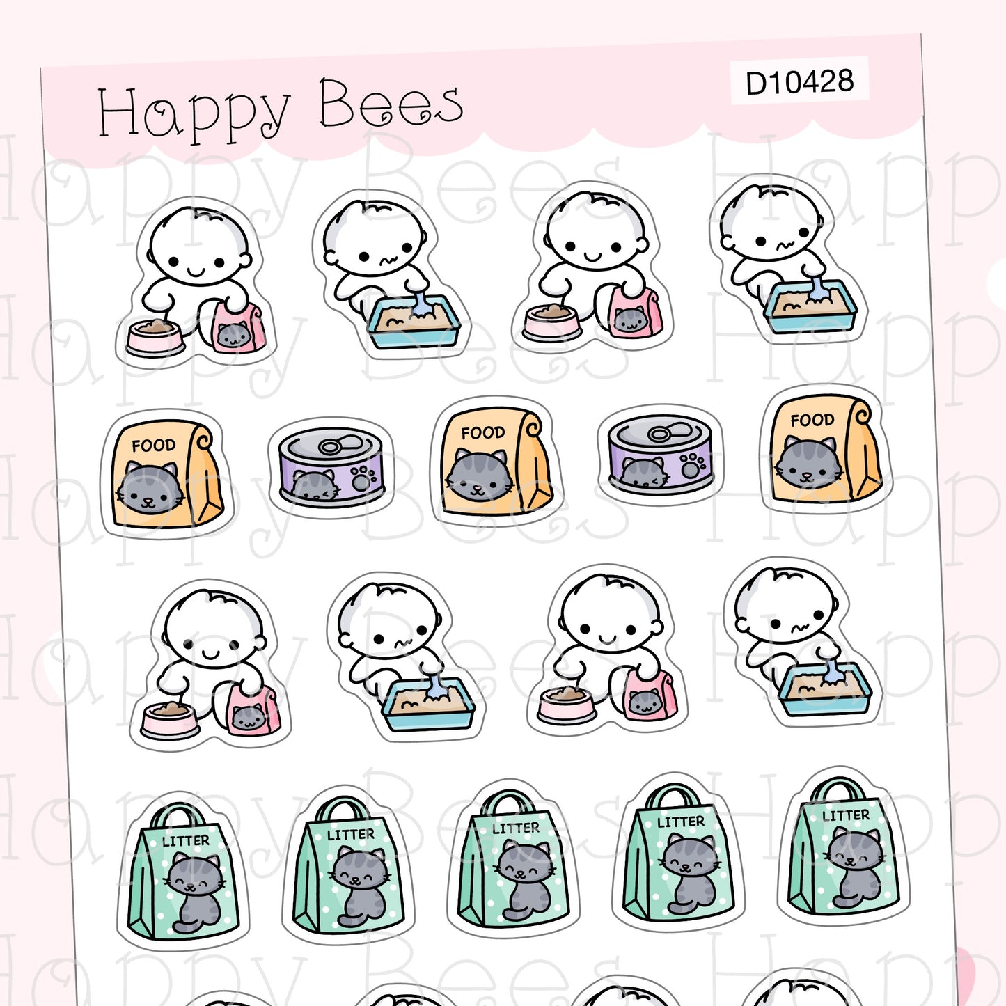 Cat Care Doodles - Cute Pet Food Litter Planner Stickers D10428