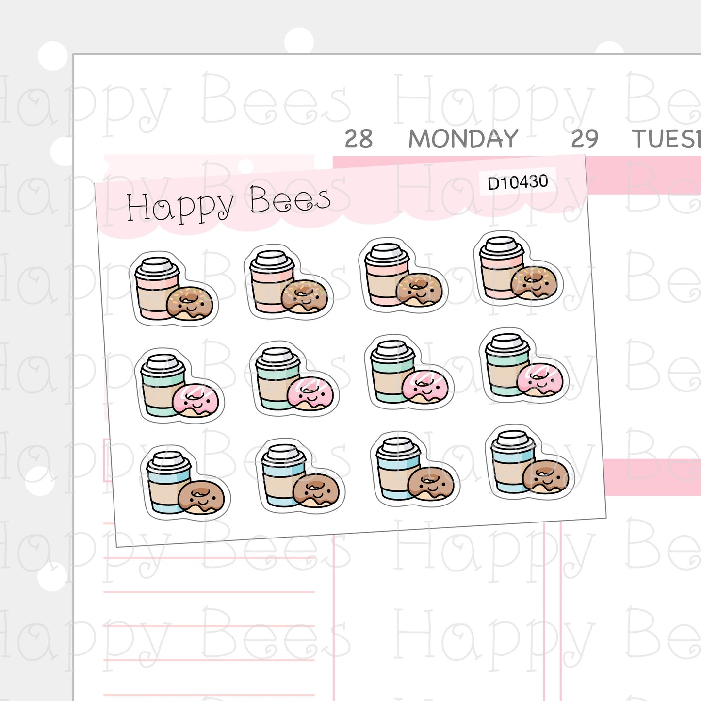 Coffee Paper Cup & Doughnut Doodles - Cute Food Planner Stickers D10430