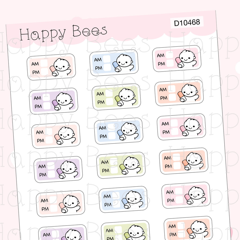 Medicine AM / PM Tracker - Cute Medication Sick Planner Stickers D10468