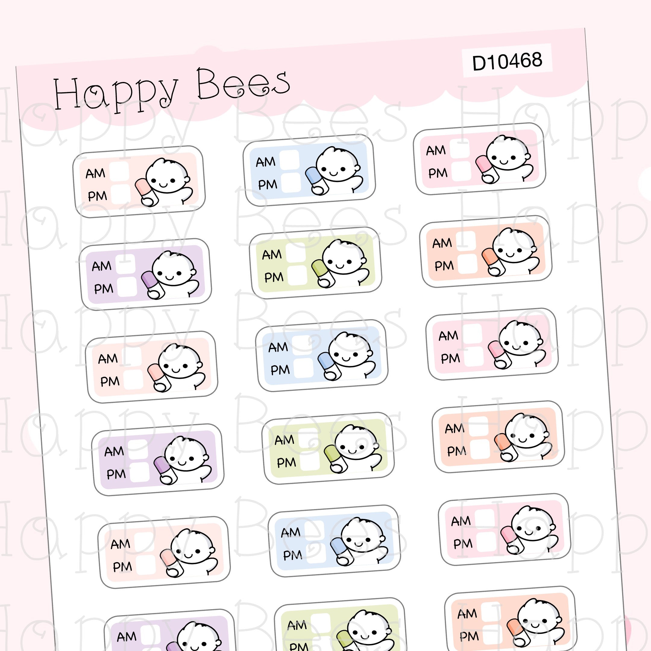 Medicine AM / PM Tracker - Cute Medication Sick Planner Stickers D10468