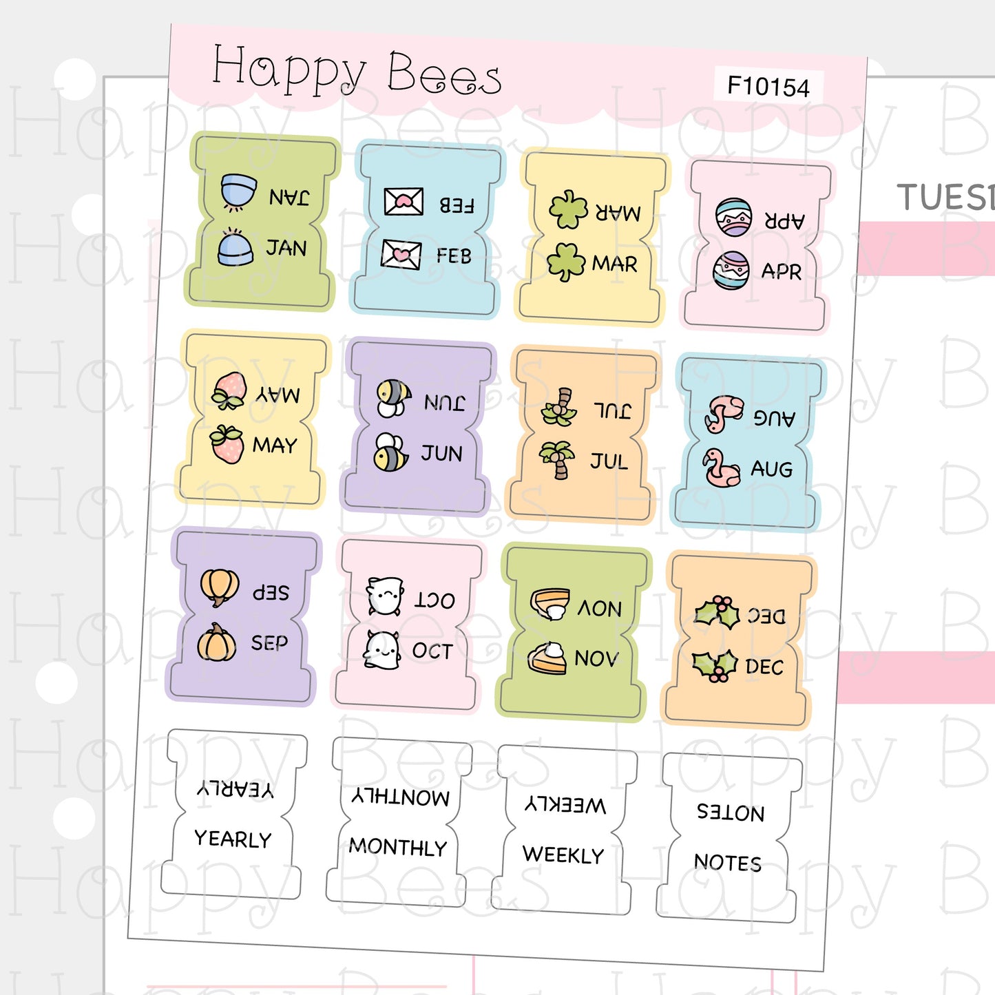 Mini Seasonal Monthly Tabs - Cute Functional Doodles Planner Stickers F10154